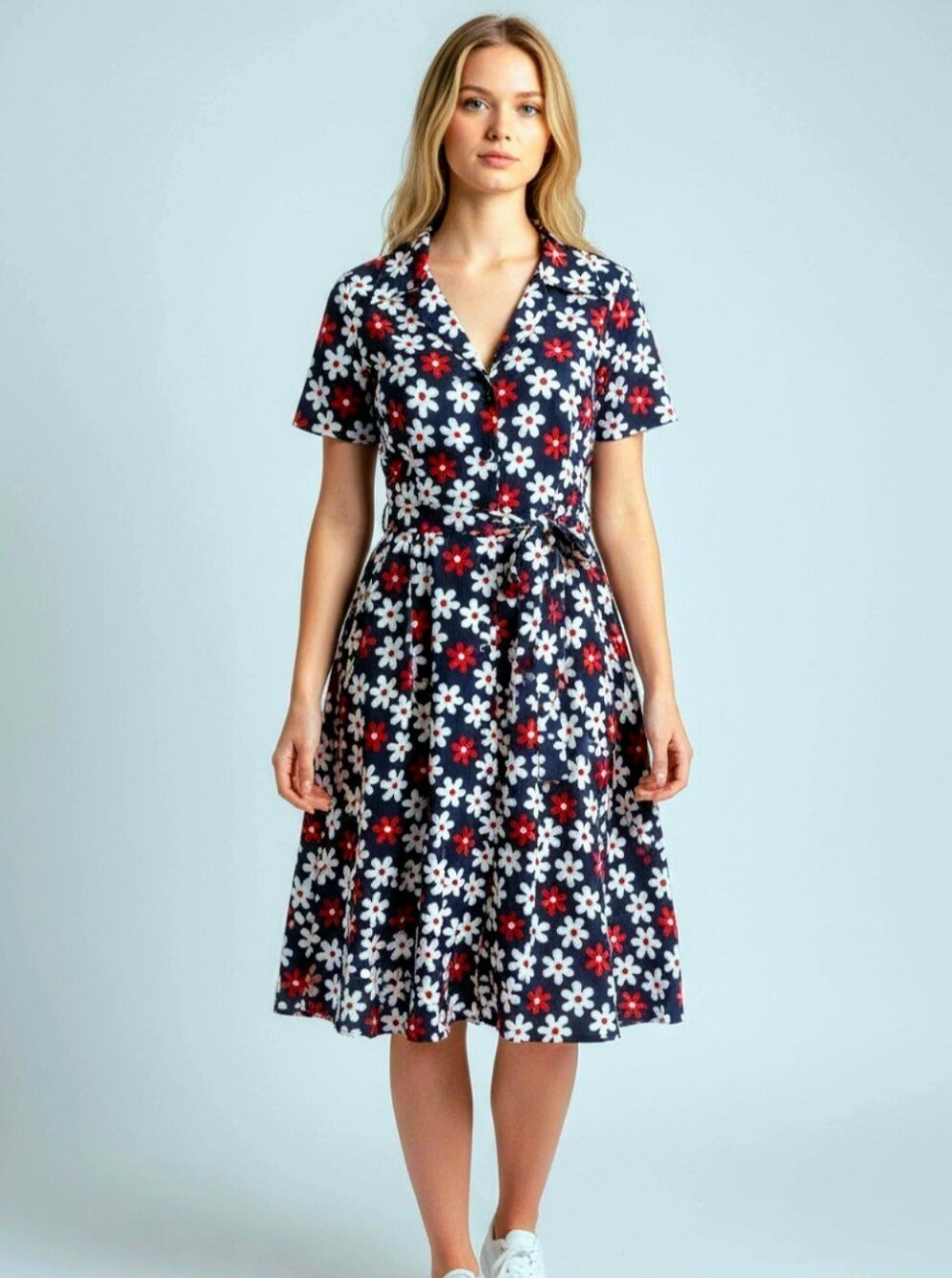 Fervour Floral Dress Navy Red Daisy TieWaist Print Short Sleeve Midi Sz Large